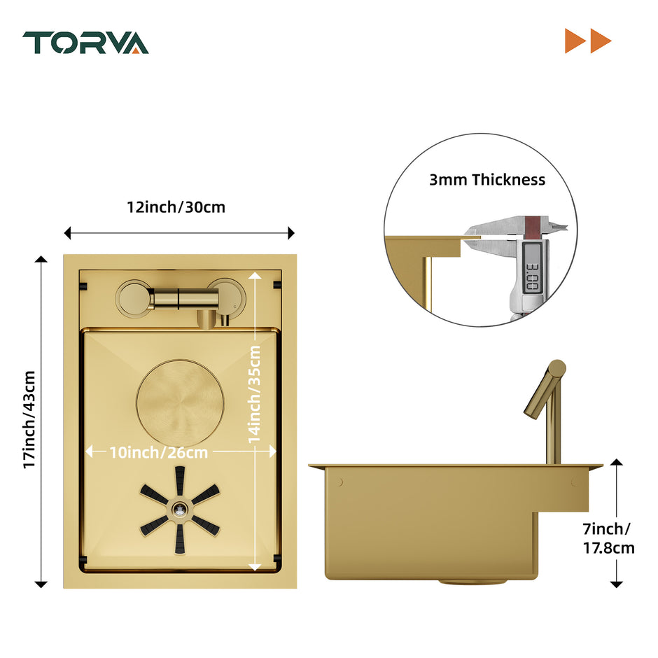 TORVA 12 x 17 x 7 Inch Gold RV Sink with Foldable Faucet
