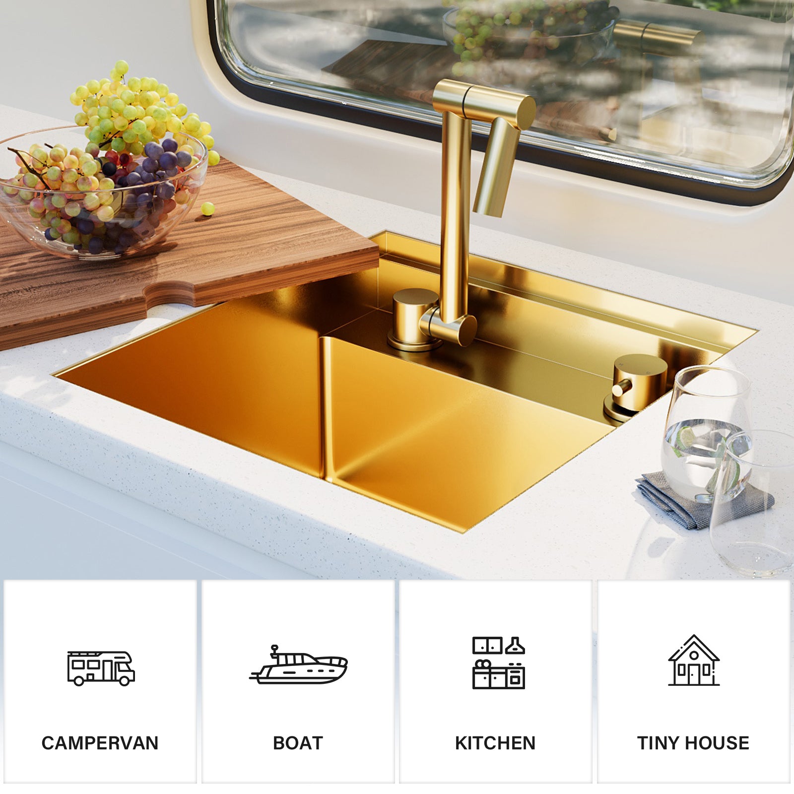 TORVA 16 x 17 x 9 Inch Gold RV Sink with Foldable Faucet