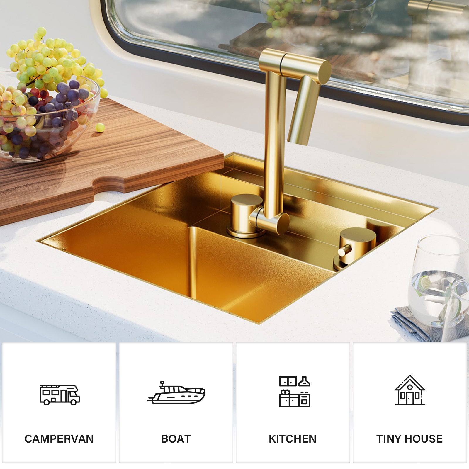 TORVA 13 x 15 x 9 Inch Gold RV Sink with Foldable Faucet