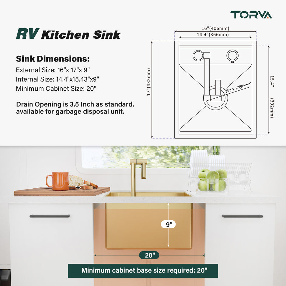 TORVA 16 x 17 x 9 Inch Gold RV Sink with Foldable Faucet