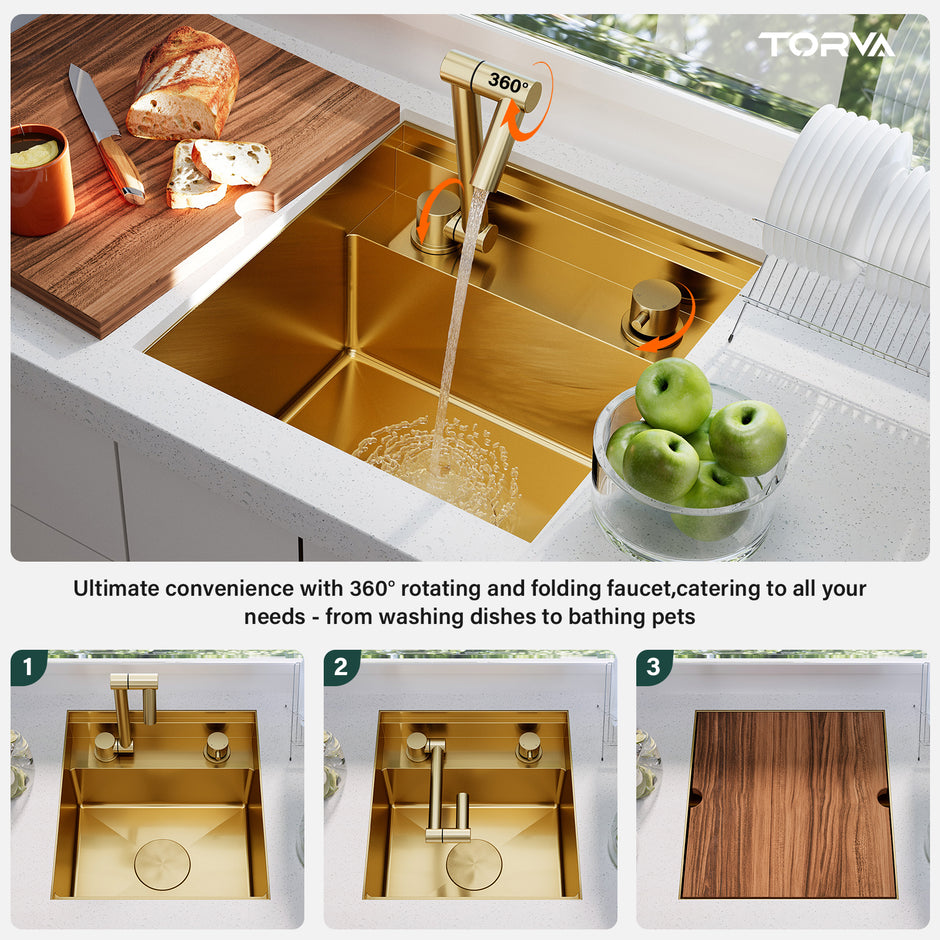 TORVA 16 x 17 x 9 Inch Gold RV Sink with Foldable Faucet