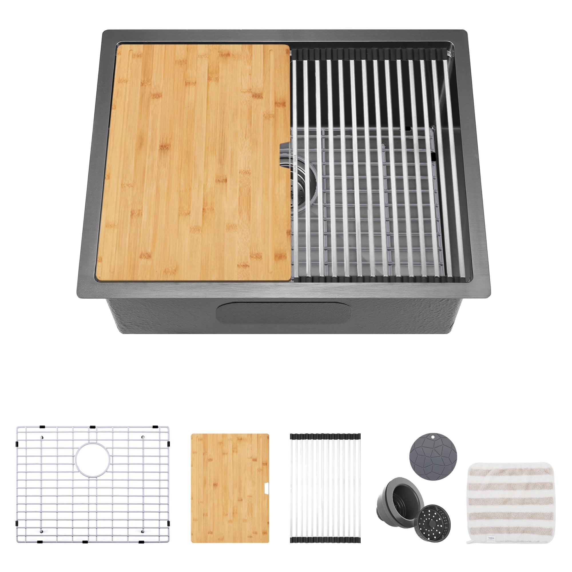 TORVA 24-inch Workstation Sink Black – 16 Gauge Ledge Stainless Steel – Single Bowl