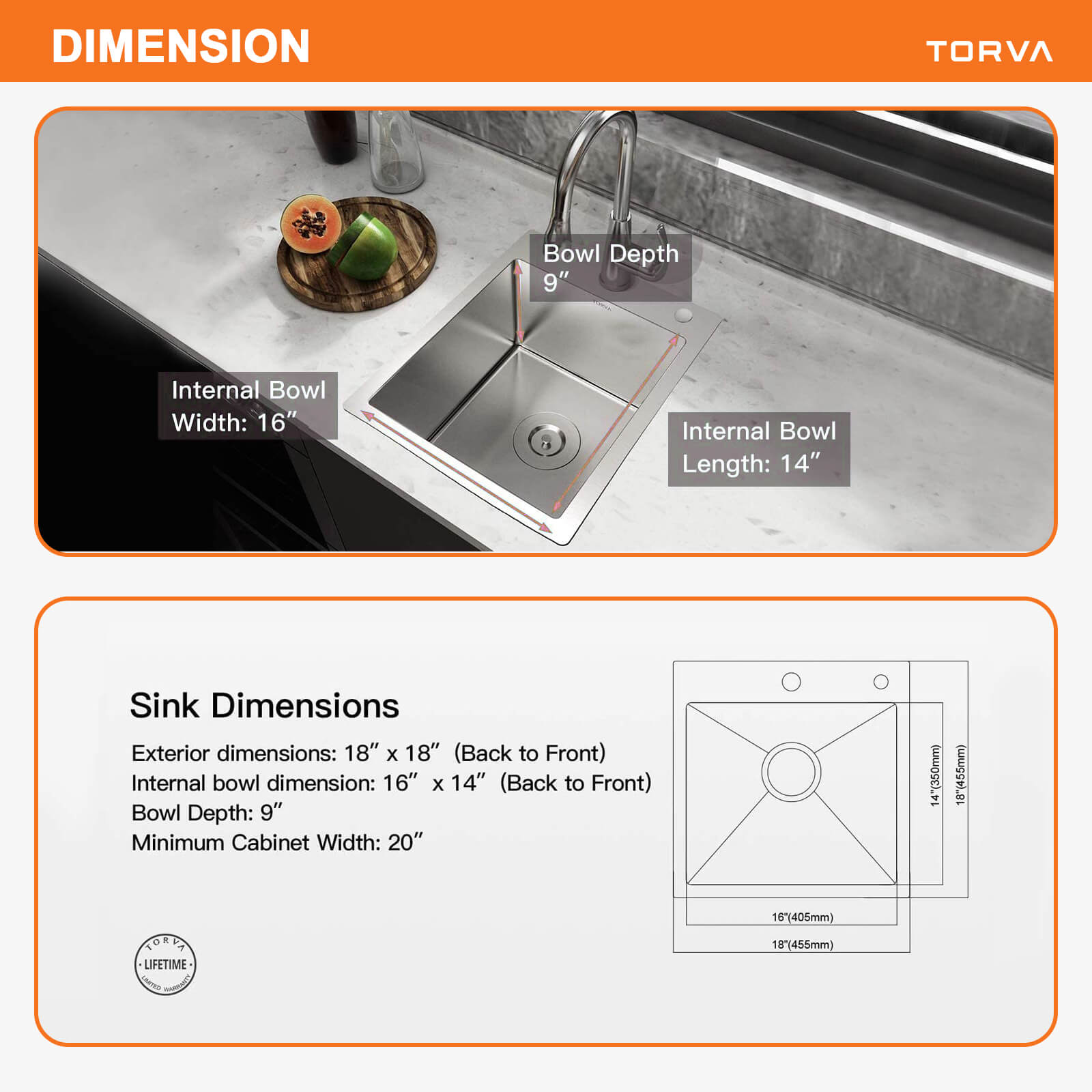 TORVA 18-inch Drop-in Topmount Bar Prep RV Sink – 16 Gauge Stainless Steel – Single Bowl