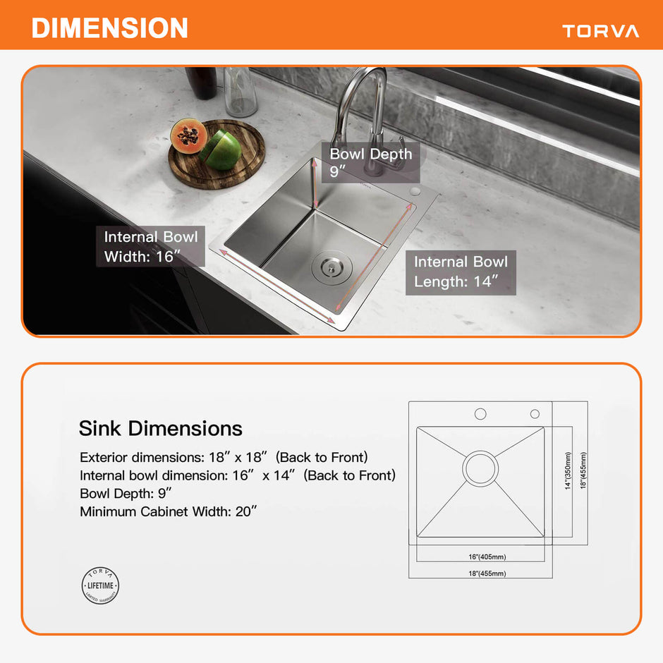 TORVA 18-inch Drop-in Topmount Bar Prep RV Sink – 16 Gauge Stainless Steel – Single Bowl