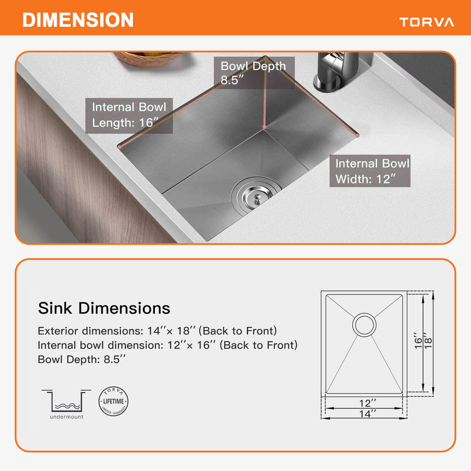 TORVA 14-inch Undermount Bar Prep RV Sink – 16 Gauge Stainless Steel