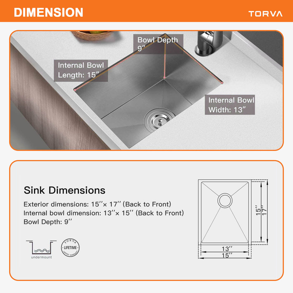 TORVA 15-inch Undermount Bar Prep RV Sink – 16 Gauge Stainless Steel