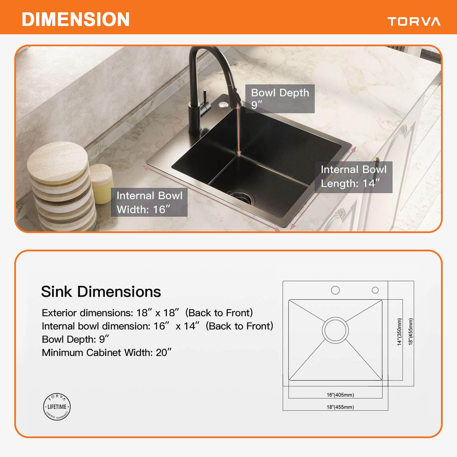 TORVA 18-inch Drop-in Topmount Bar Prep RV Sink Black – 16 Gauge Stainless Steel – Single Bowl