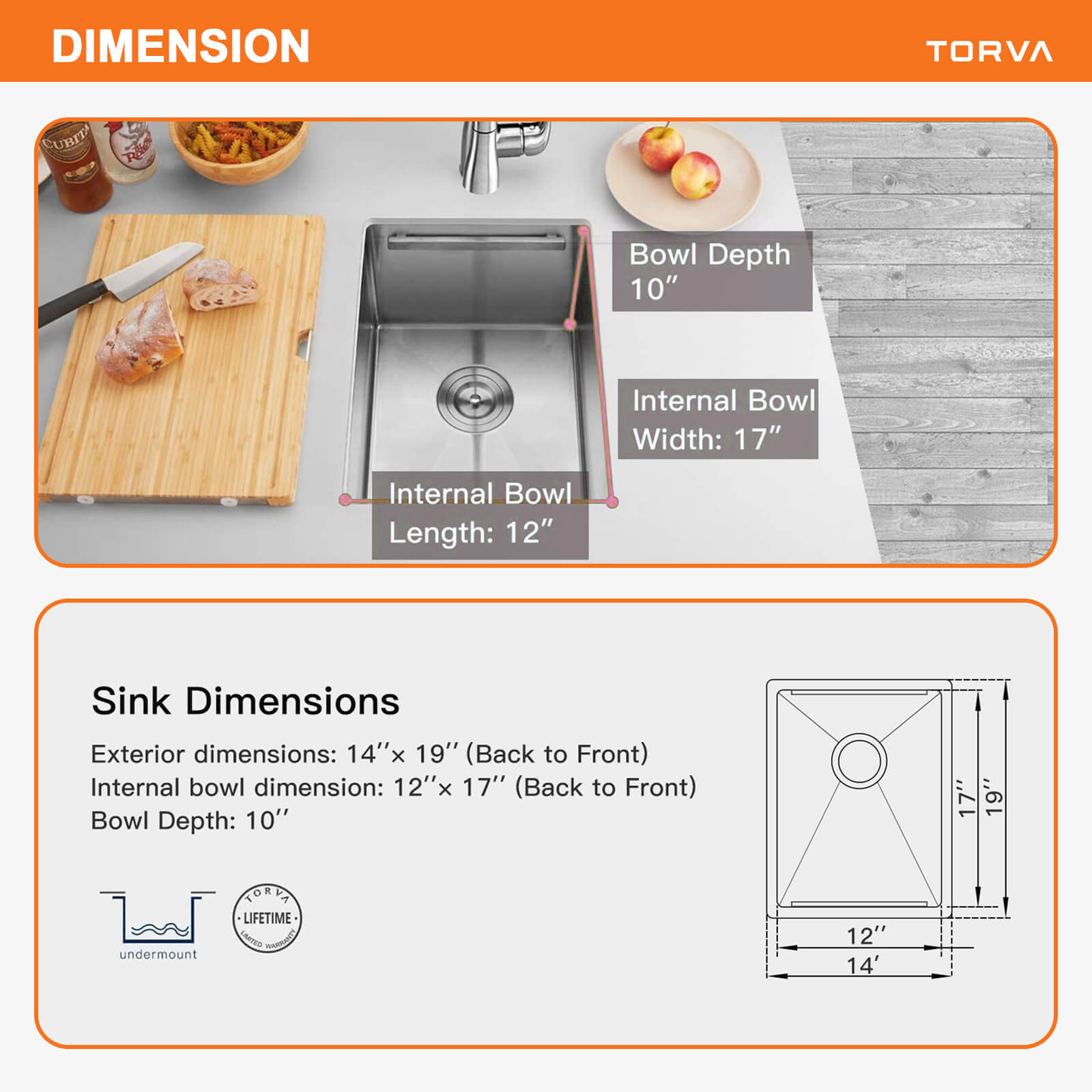 TORVA 14-inch Workstation Bar Prep RV Sink -16 Gauge Ledge Stainless Steel