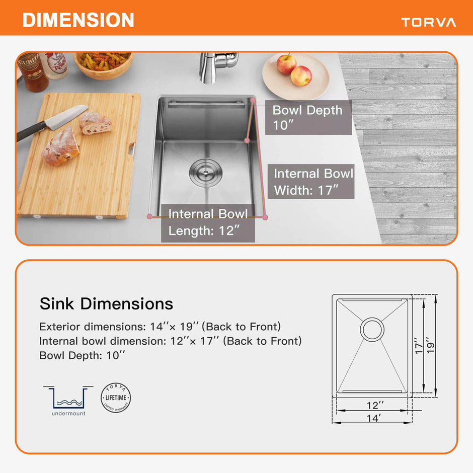 TORVA 14-inch Workstation Bar Prep RV Sink -16 Gauge Ledge Stainless Steel