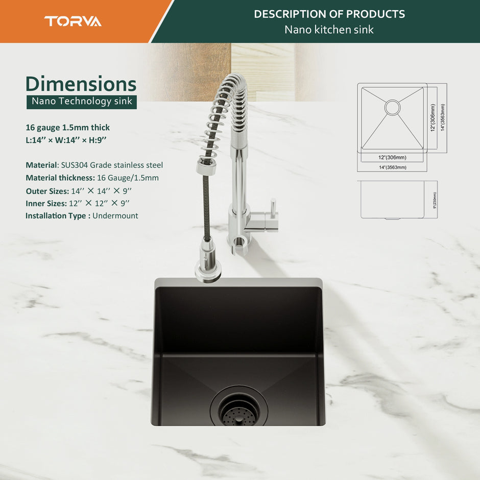 TORVA 14-inch Undermount Black Bar Prep RV Sink – 16 Gauge Stainless Steel