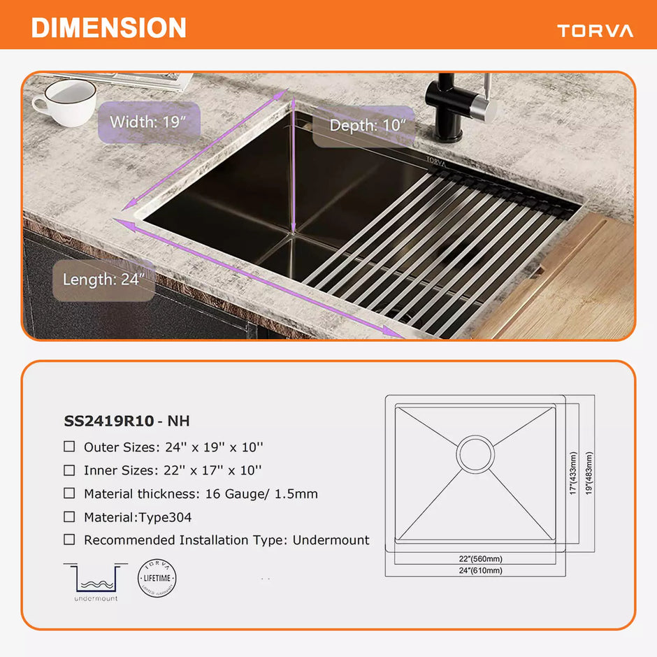 TORVA 24-inch Workstation Sink Black – 16 Gauge Ledge Stainless Steel – Single Bowl