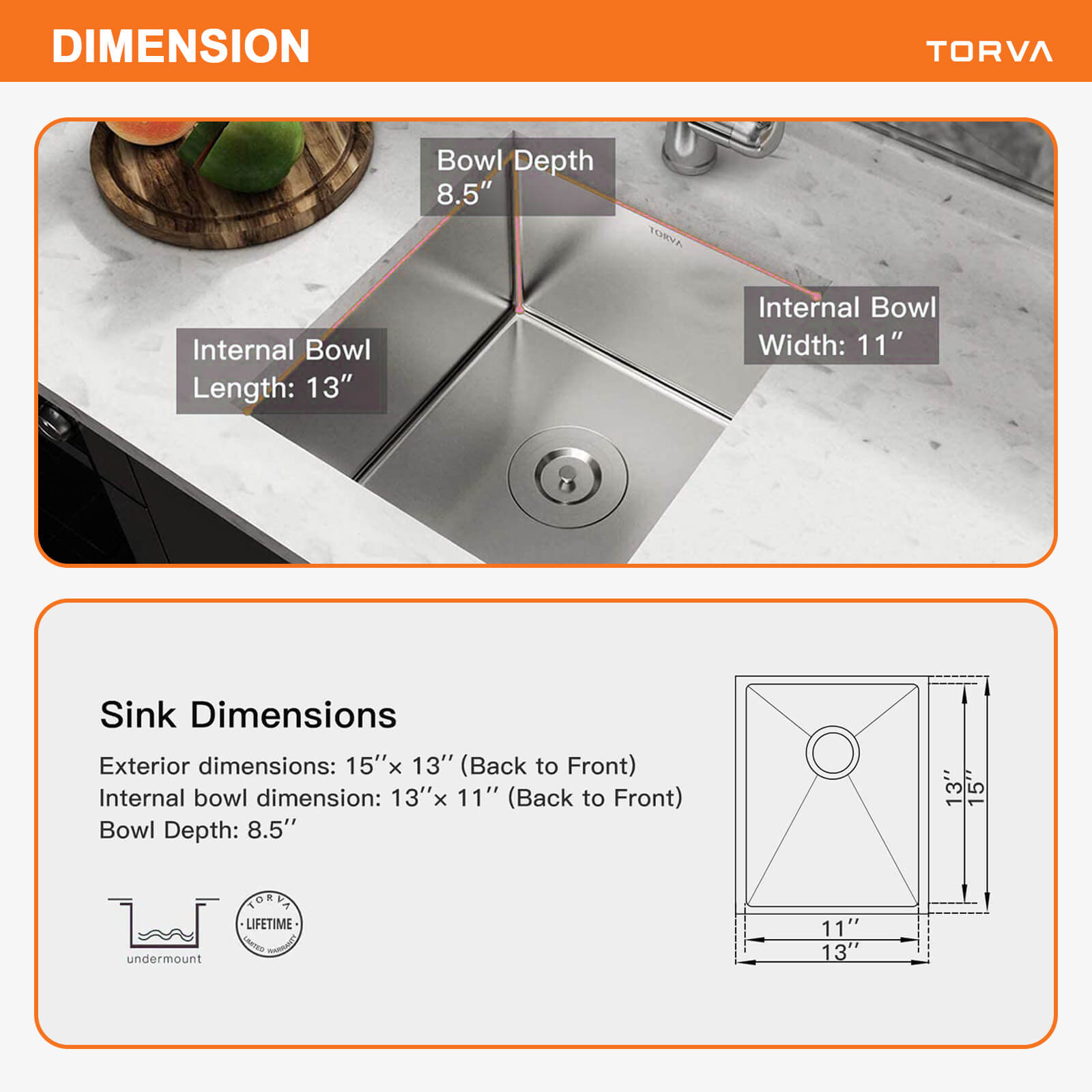 TORVA 13-inch Undermount Bar Prep RV Sink – 16 Gauge Stainless Steel
