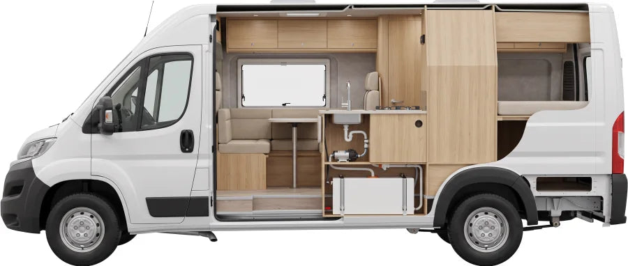 Camper van water tank and plumbing layout